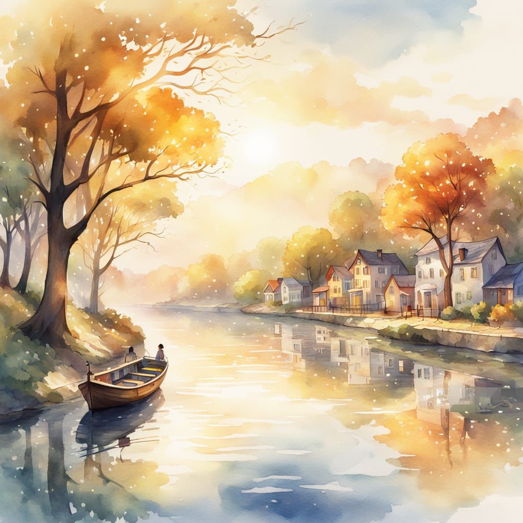 Whimsical Boat Sails Down River in Watercolor Style