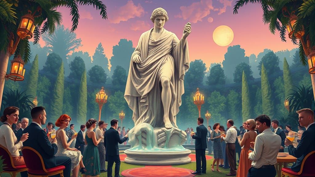 Melting Statue at Lavish Party, 1920s Illustration