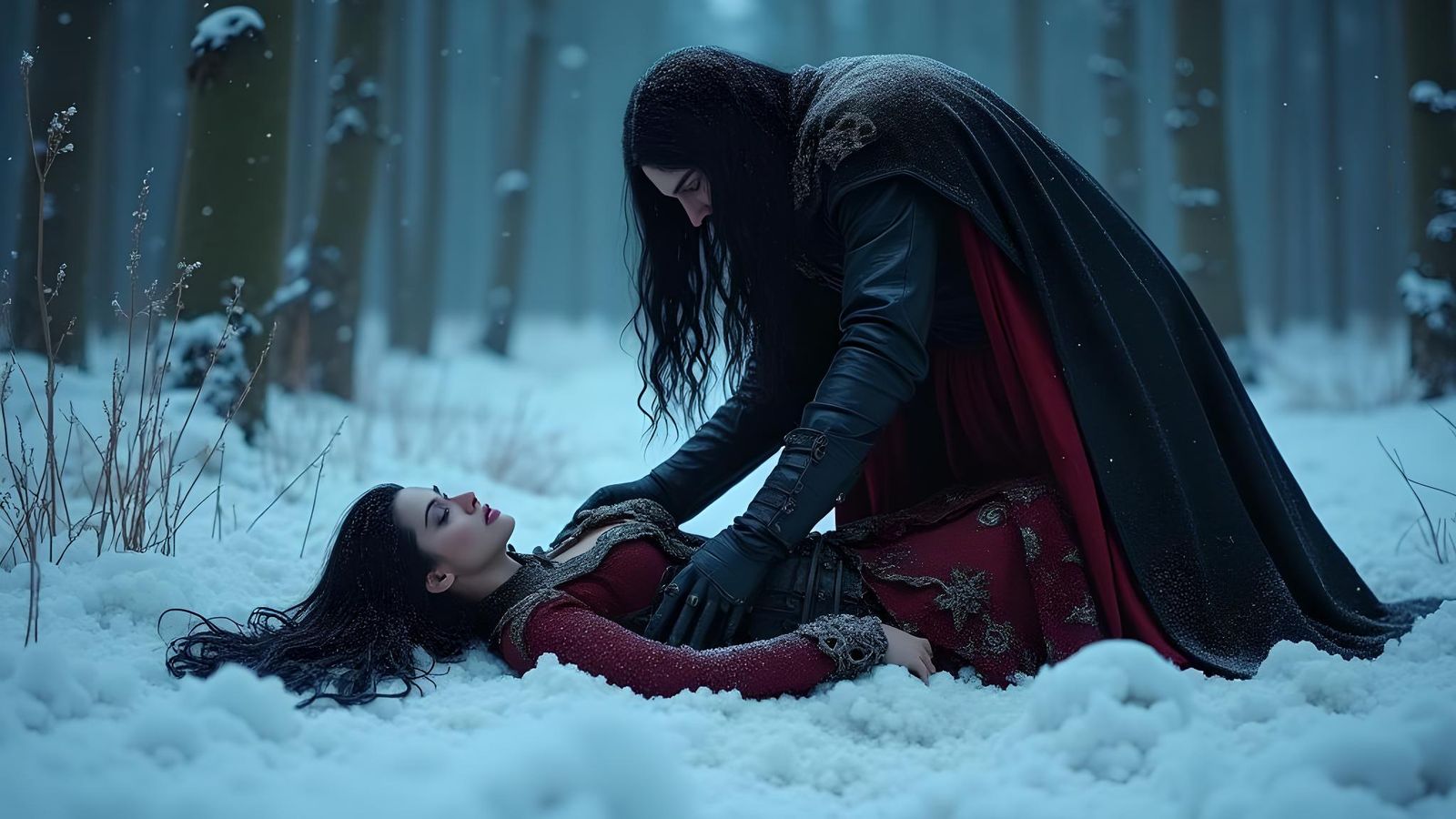 Fantasy Scene: Half-Elf Woman in Snow