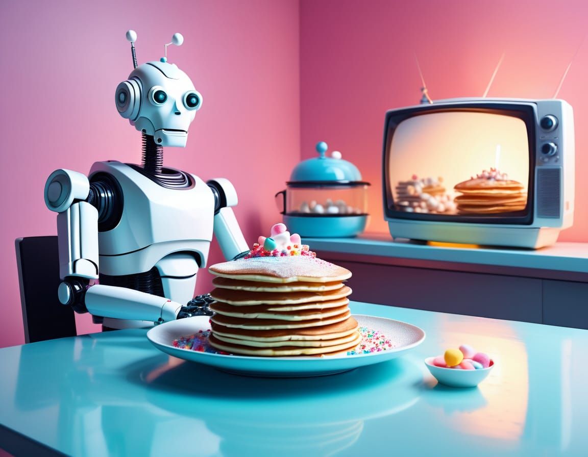 Retro-Futuristic Breakfast Scene in Vibrant Pastels