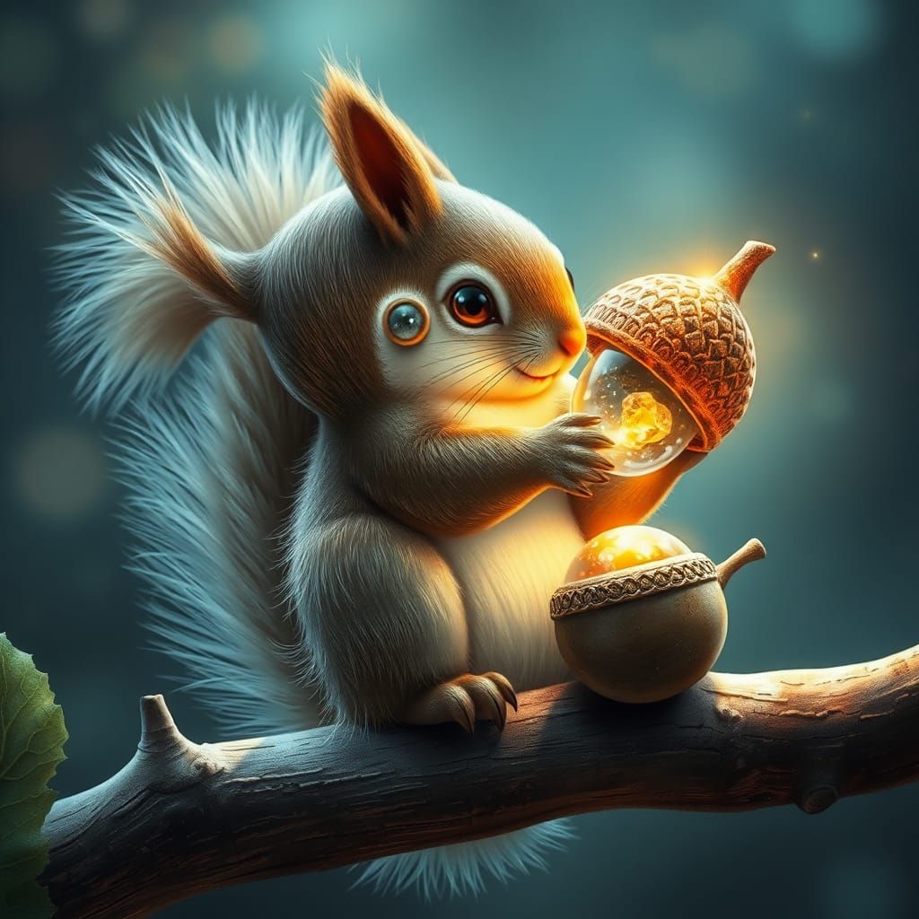 Squirrel Contemplates Gemstone Acorn: Astral Illustration