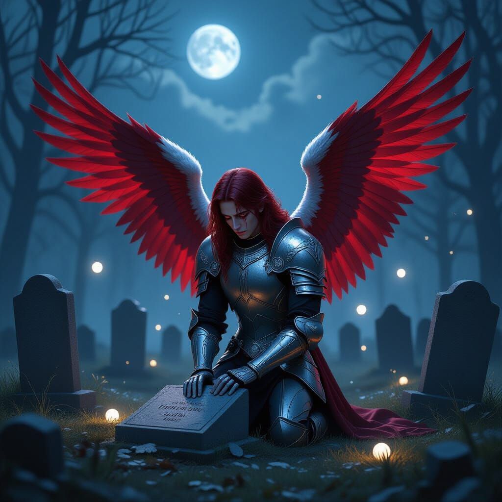 Grieving Angel in Graveyard Under Moonlight