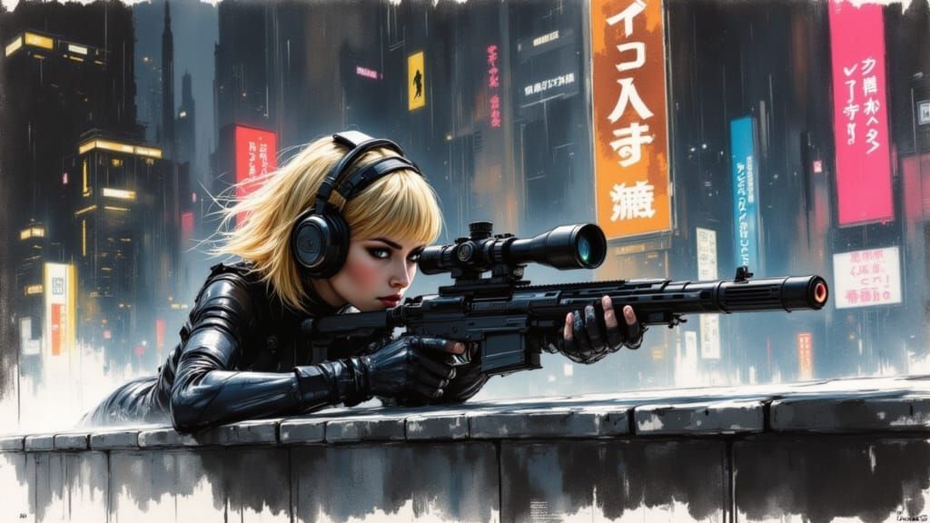 Cyberpunk Sniper Girl in Neon-Lit Rooftop Scene