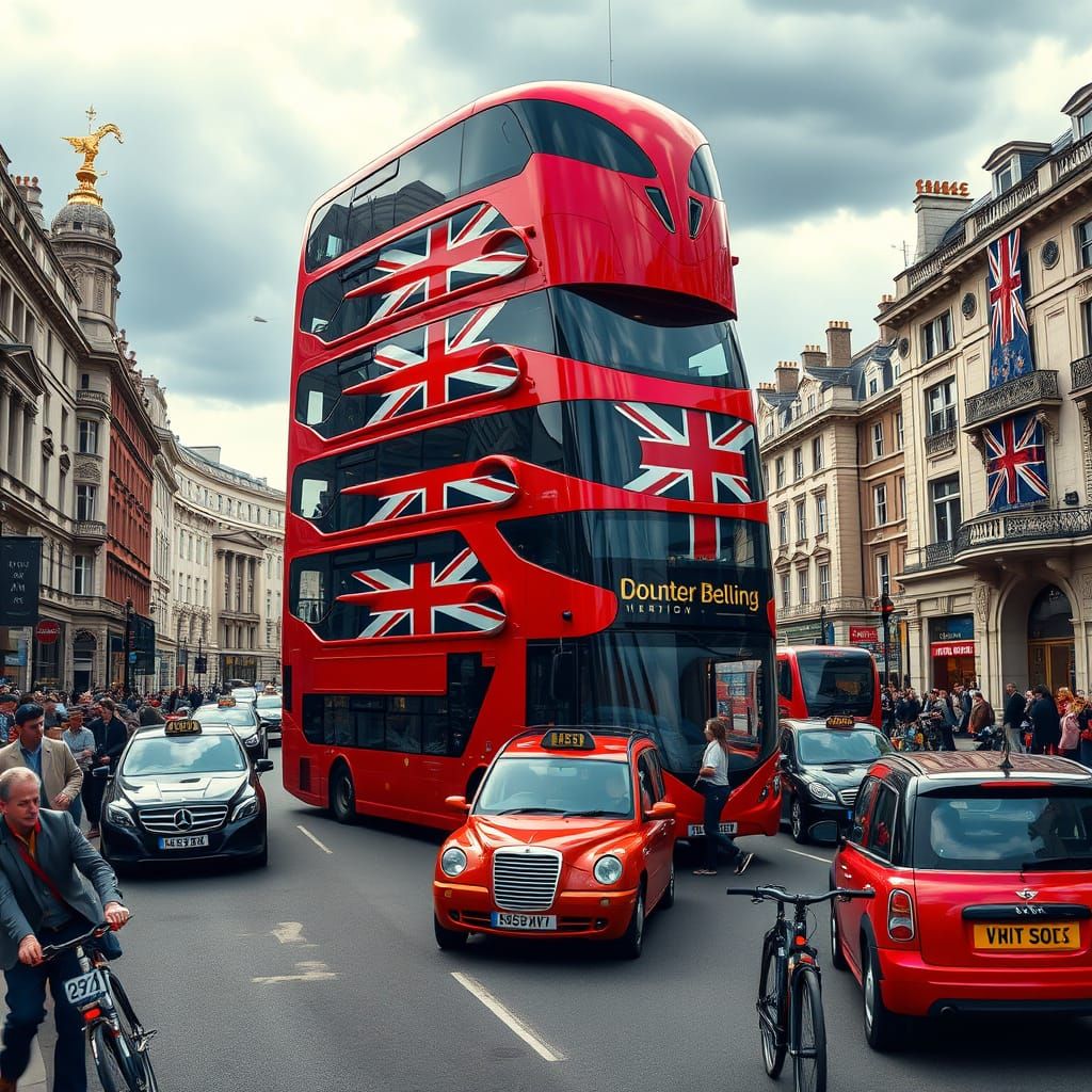 Futuristic Double-Decker Bus in London, Surrealist Style