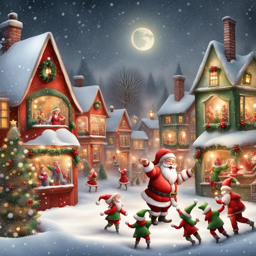 Santa's Christmas Village Celebration with Dancing Elves