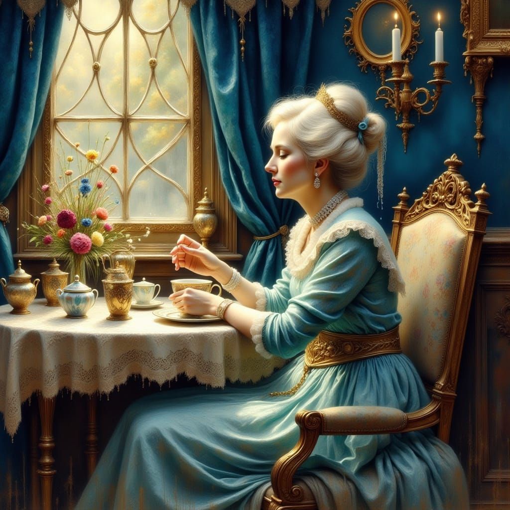 Elegant Elderly Lady's Whimsical Tea Time