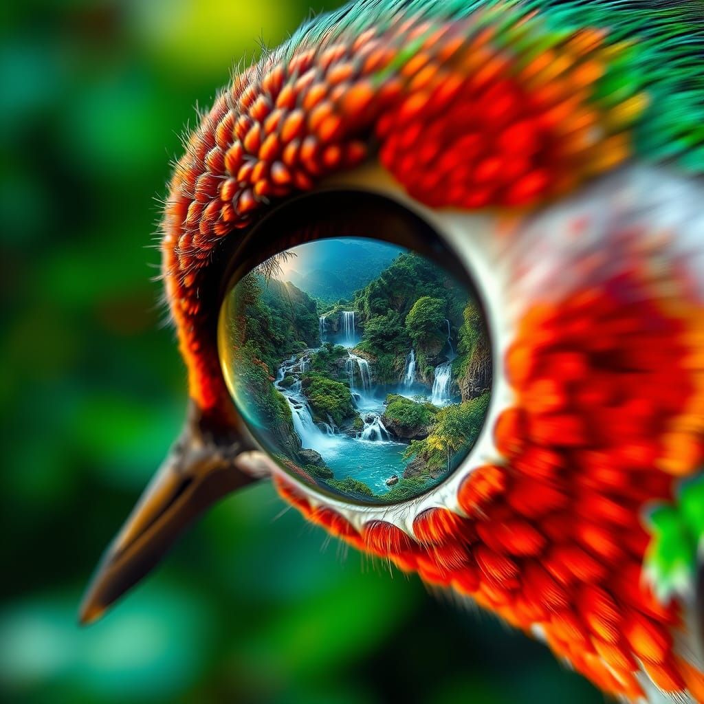 Hummingbird's Eye Reflects Rainforest, as Impasto Painting
