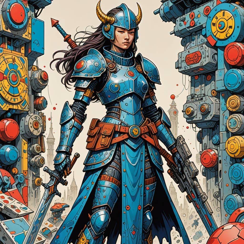 Surreal Female Warrior in Vibrant, Moebius-Inspired Armor