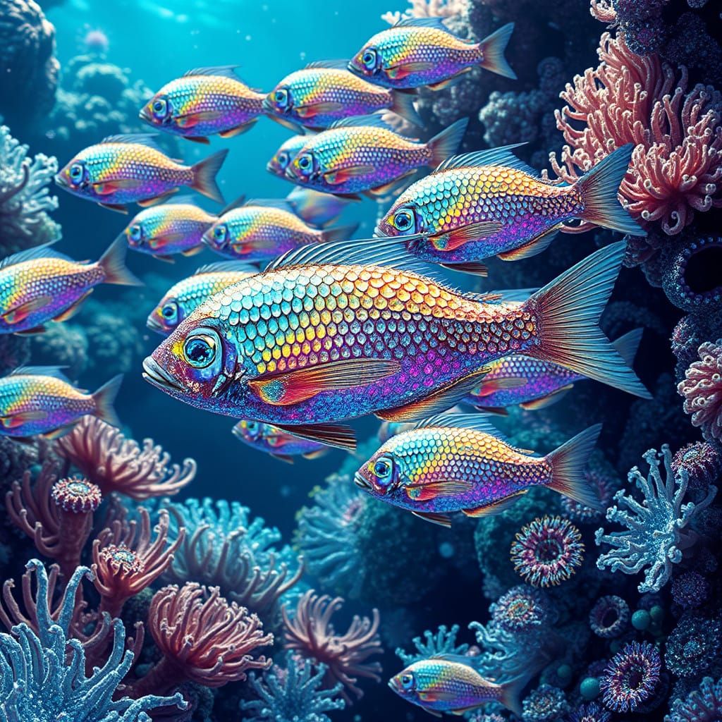 Iridescent Fish in a Vibrant, Kaleidoscopic Reef