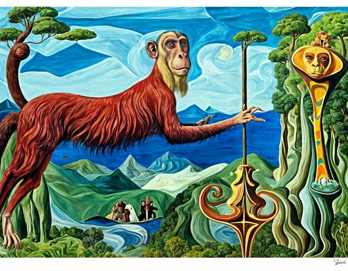 Eccentric Monkey Leans on Tree Branches in Painterly Style