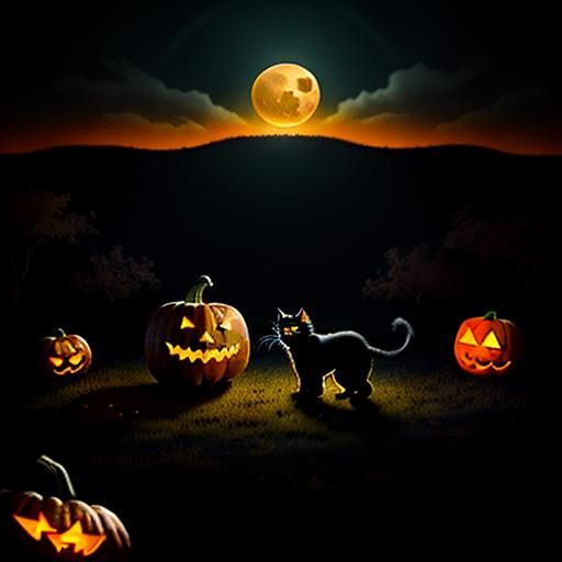 Two Black Cats Play Around Jack-o'-Lantern