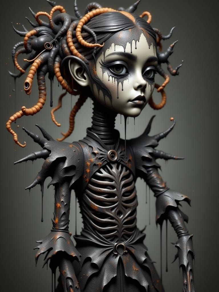 Gothic Splatter Doll Portrait with Skeletal Features