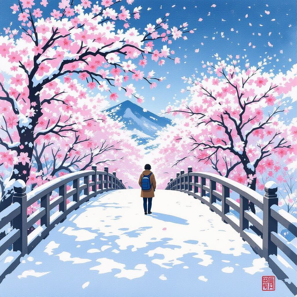 Snowy Cherry Blossom Bridge in Ukiyo-e Style