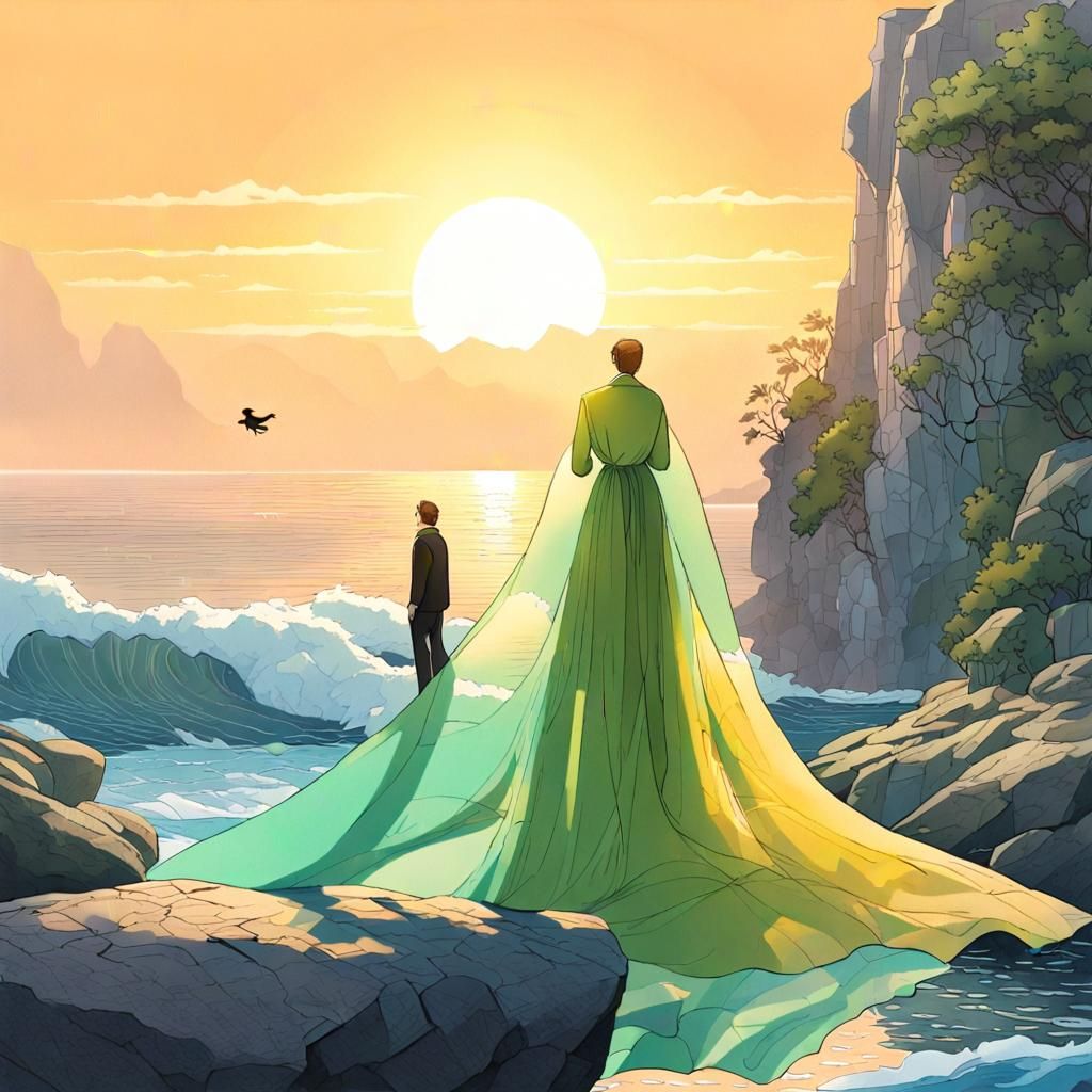 Majestic Goddesses Guarding Sacred Stone at Sunrise