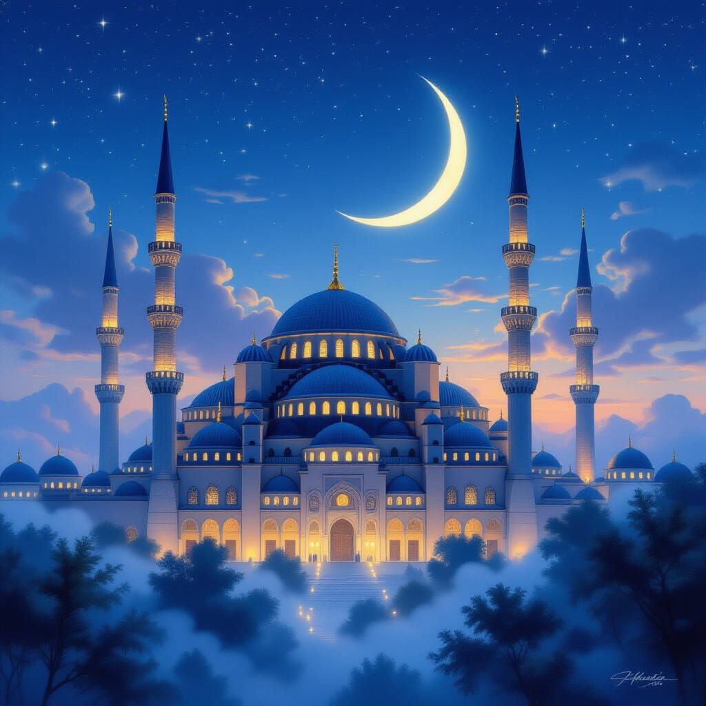 Night Mosque with Blue Domes in Luminous Style