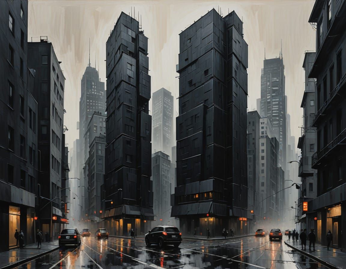 Monochromatic Cityscape in Impressionistic Brushstrokes
