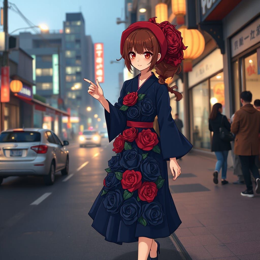 Velvet Rose Woman on Bustling Street, Manga Style