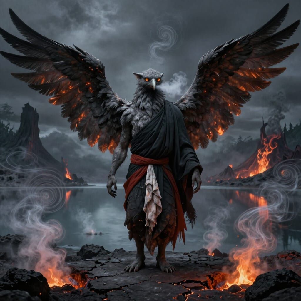 Ash-Feathered Aarakocra Monk Meditating by Singing Fumaroles