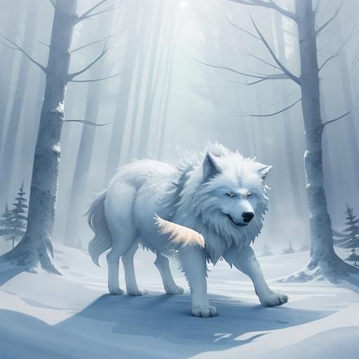 Direwolf in Winter Forest: Watercolor Fantasy Illustration