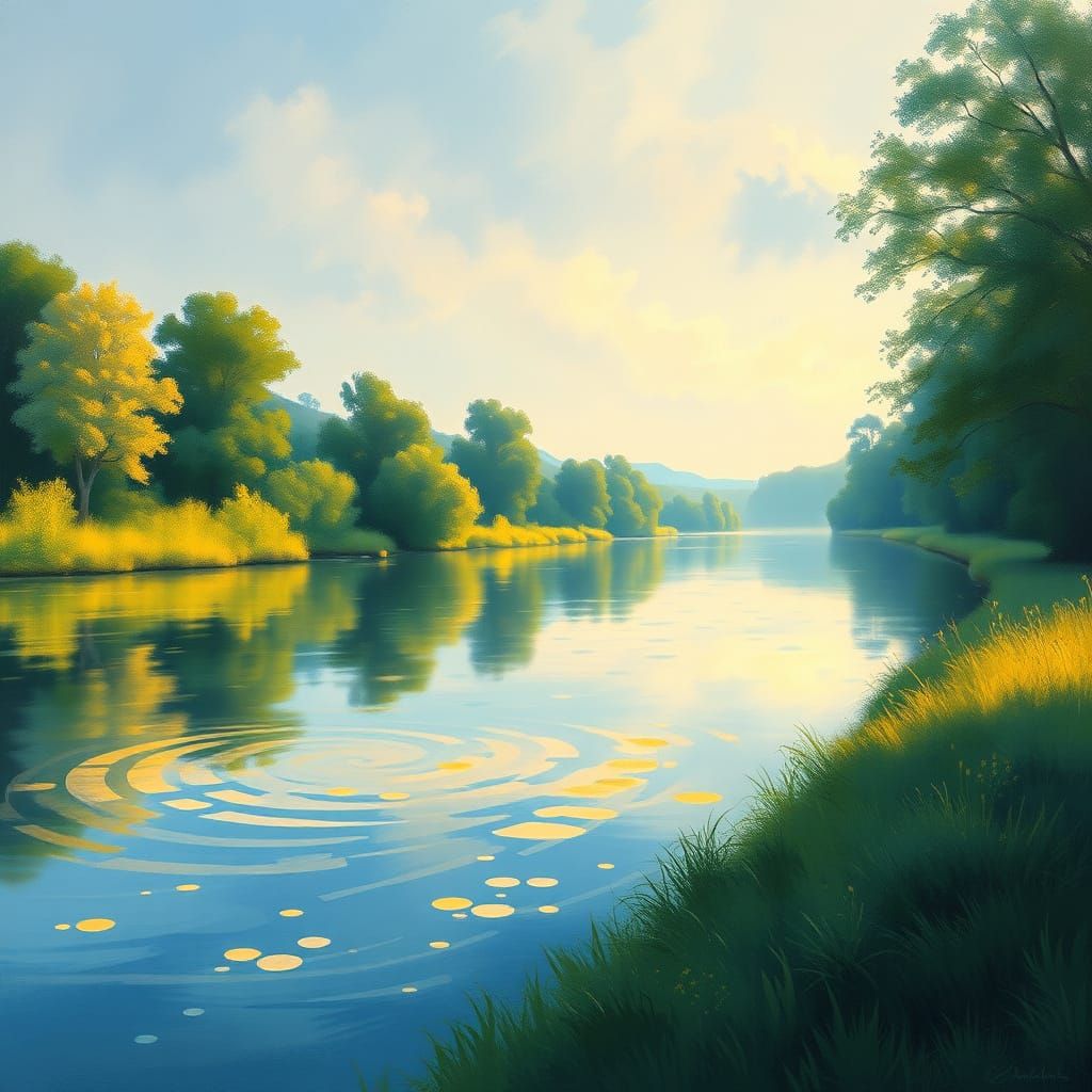 Impressionist River Scene with Lush Greenery