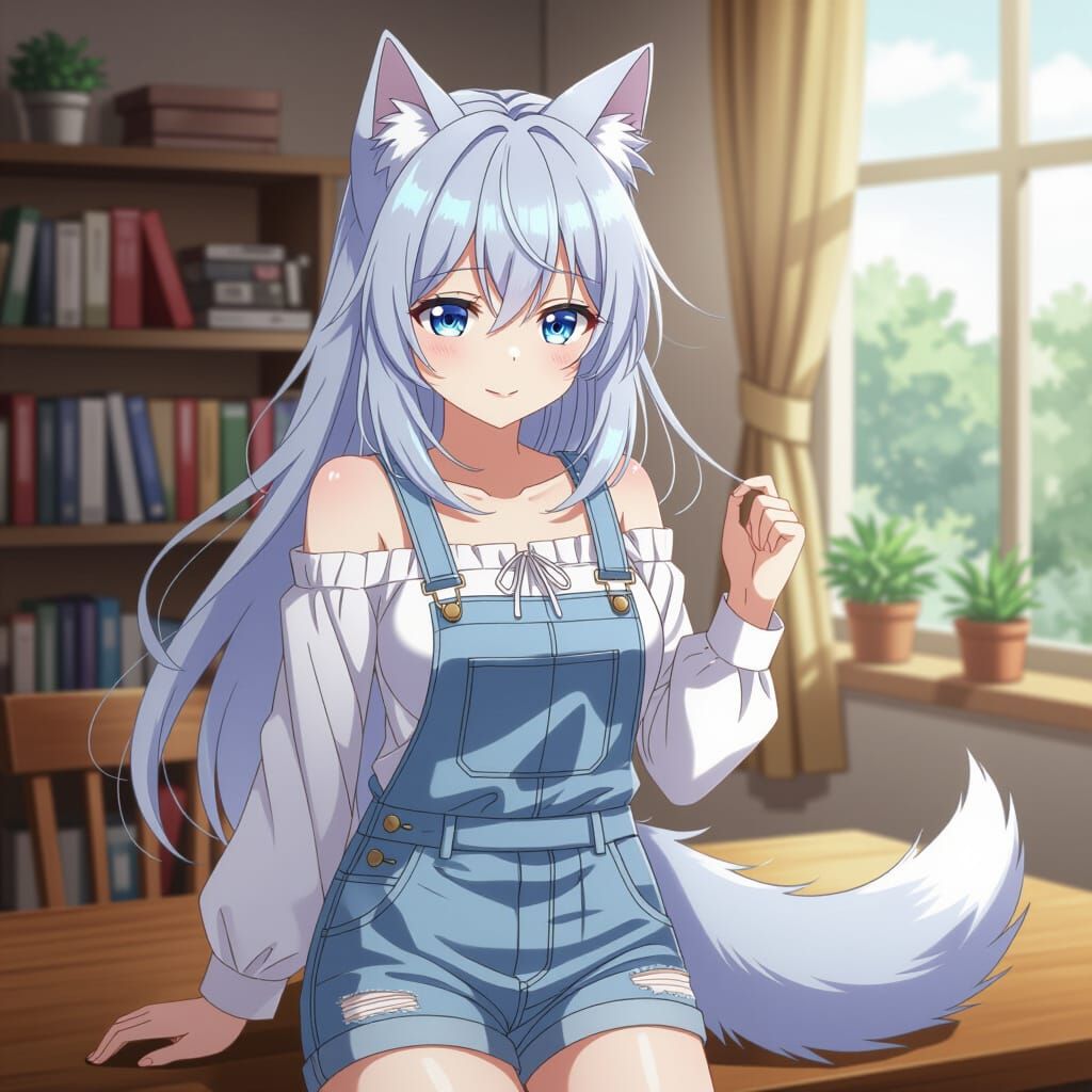 Anime Girl with Wolf Ears and Tail in Denim Dungarees