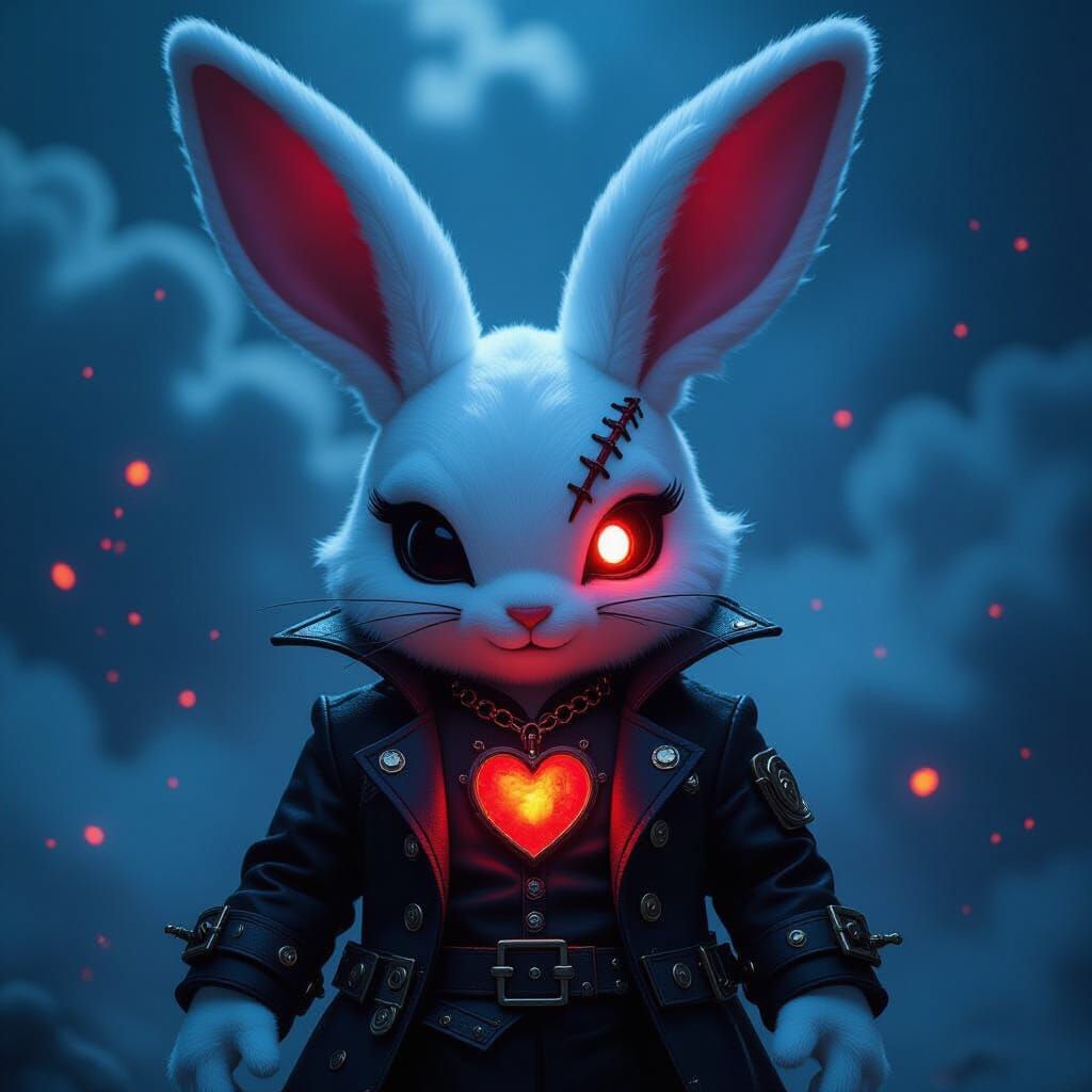 Steampunk Rabbit Plush Toy with Glowing Eyes and Scars