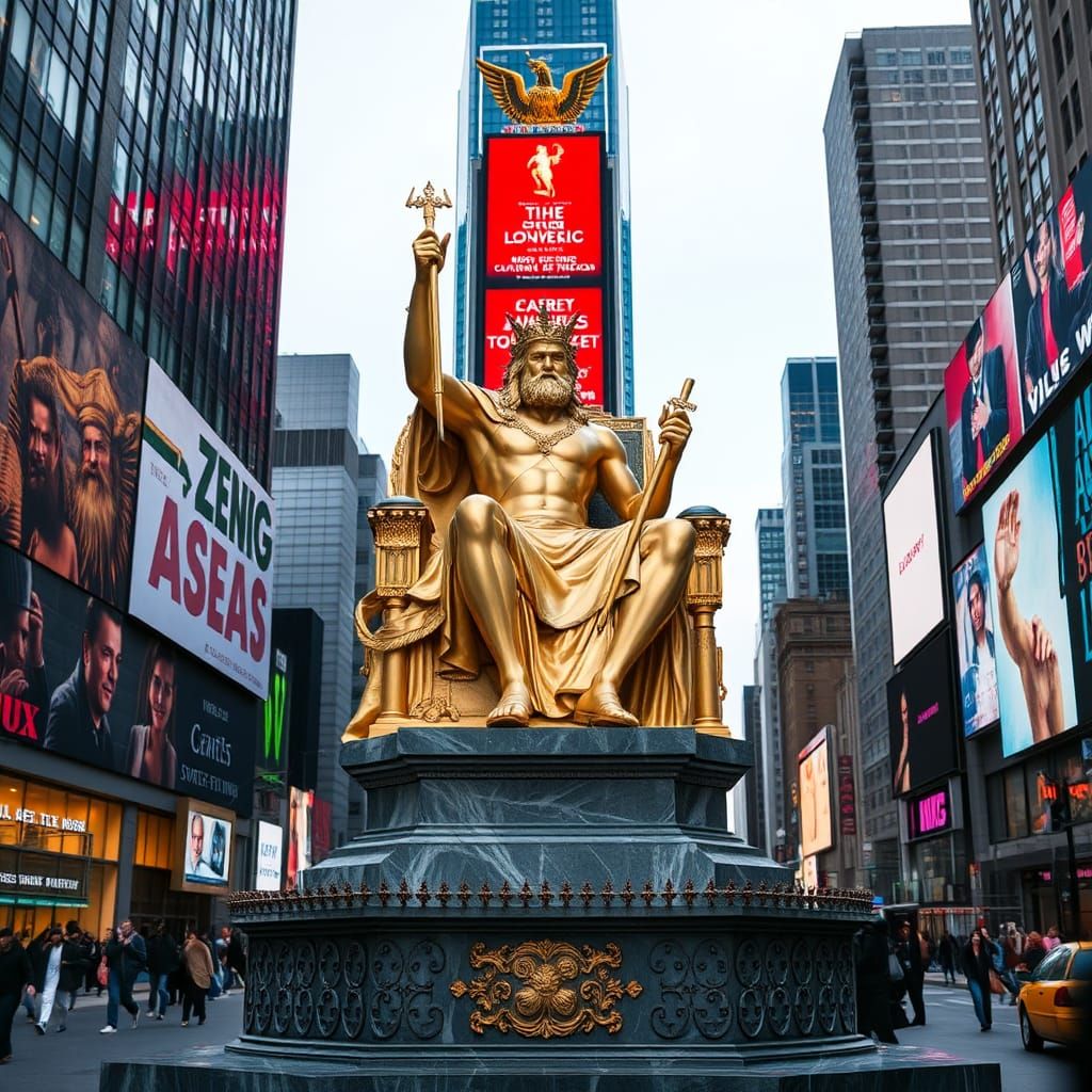 Zeus Statue on Throne in Times Square