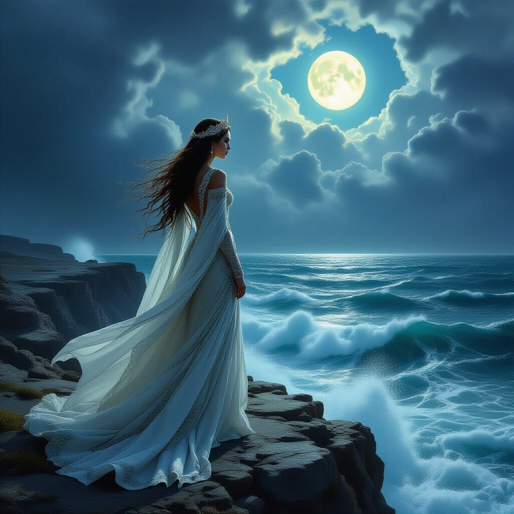 Elven Queen Overlooking Stormy Sea in Romanticism Style