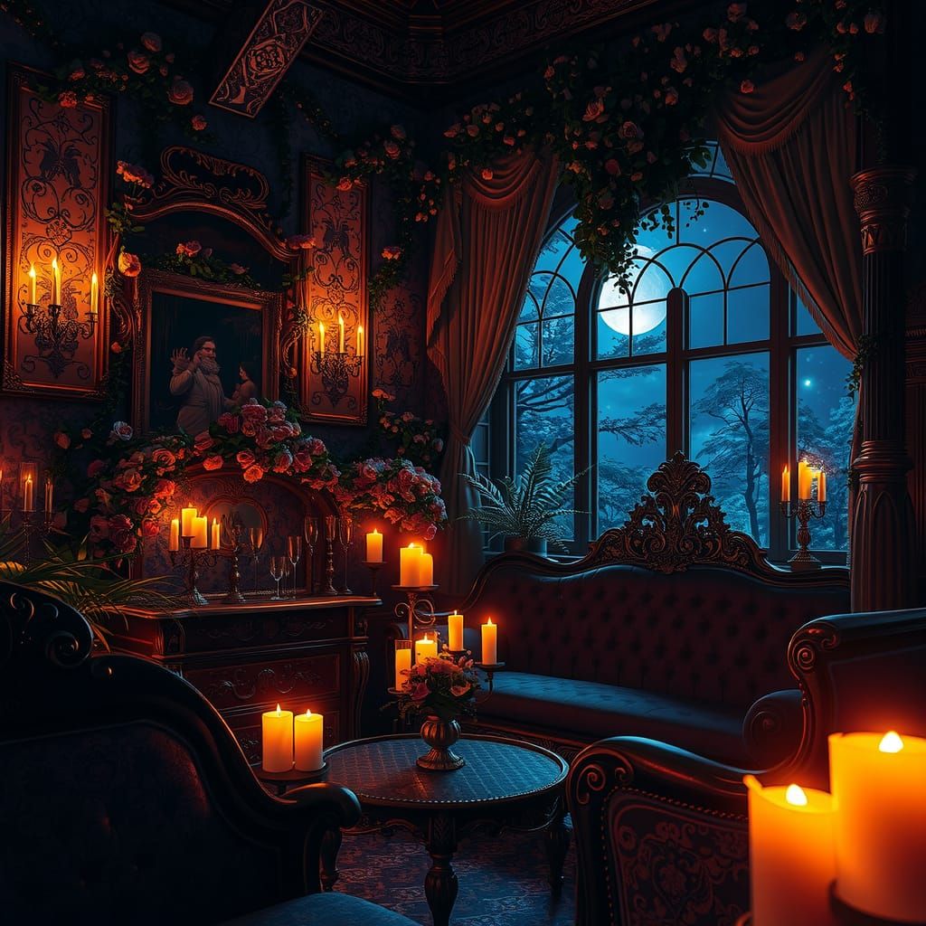Ornate Chamber with Floral Tapestry and Neon Light