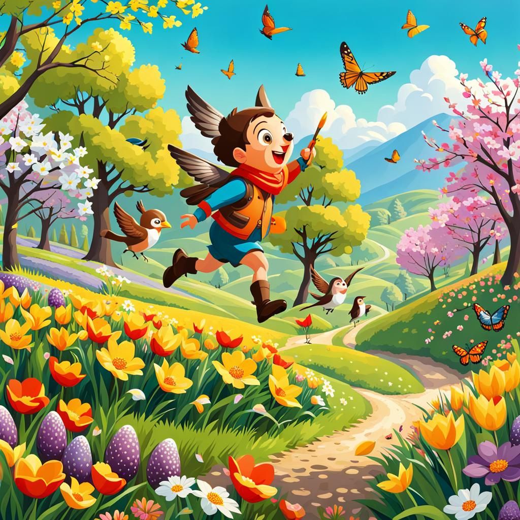 Cheerful Characters Hunting Eggs in Spring Landscape