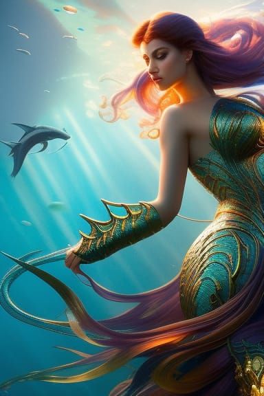 A beautiful mermaid navigating the seabed