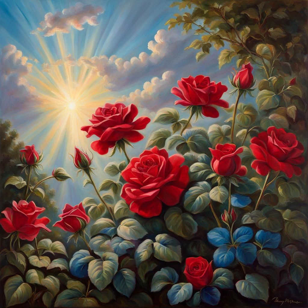 Red Roses and Blue Violets in Sunlight