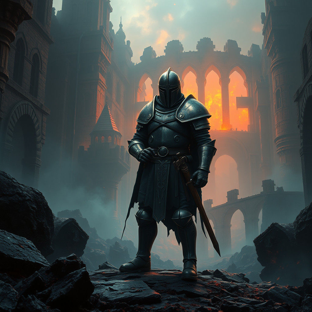 Mystical Ruined Landscape with Medieval Soldier in Gothic St...