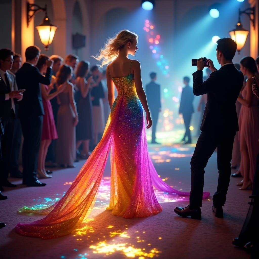 Rainbow Gown Model Strides Down Catwalk in Hyperreal Detail