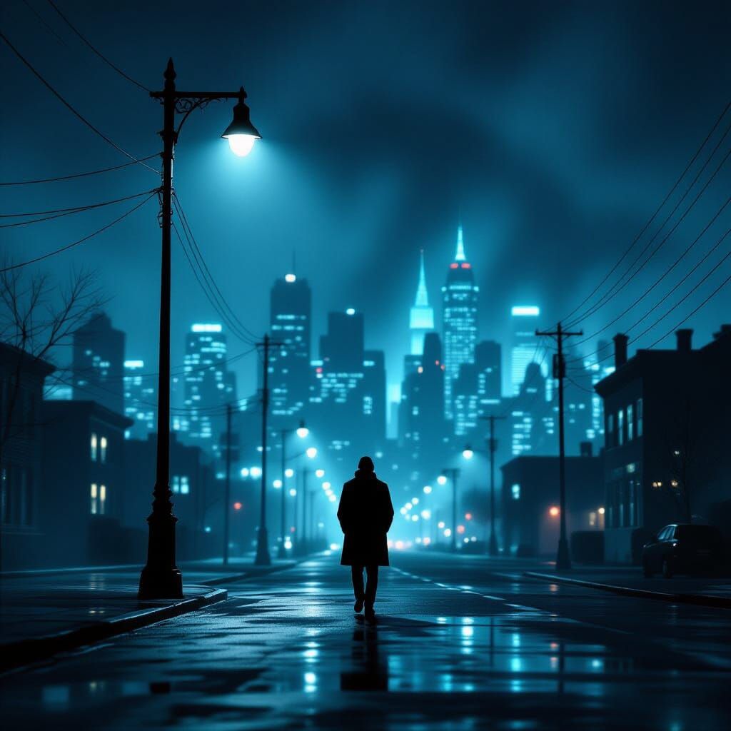 Lone Figure in Neon City Rain, Cinematic Concept Art