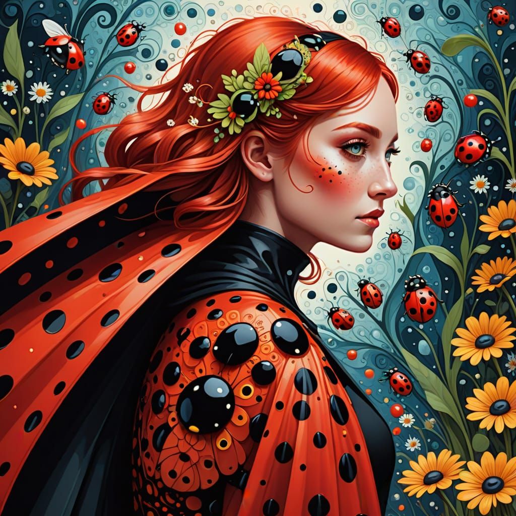 Ladybug Goddess in Wildflower Field: Whimsical Portrait
