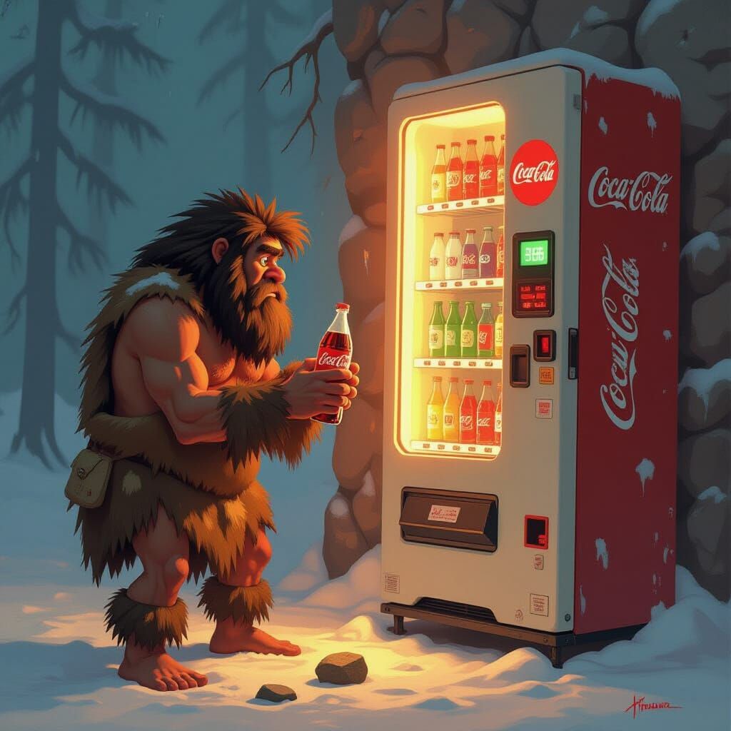 Caveman Tries to Buy Coca-Cola with Stone in Digital Paintin...
