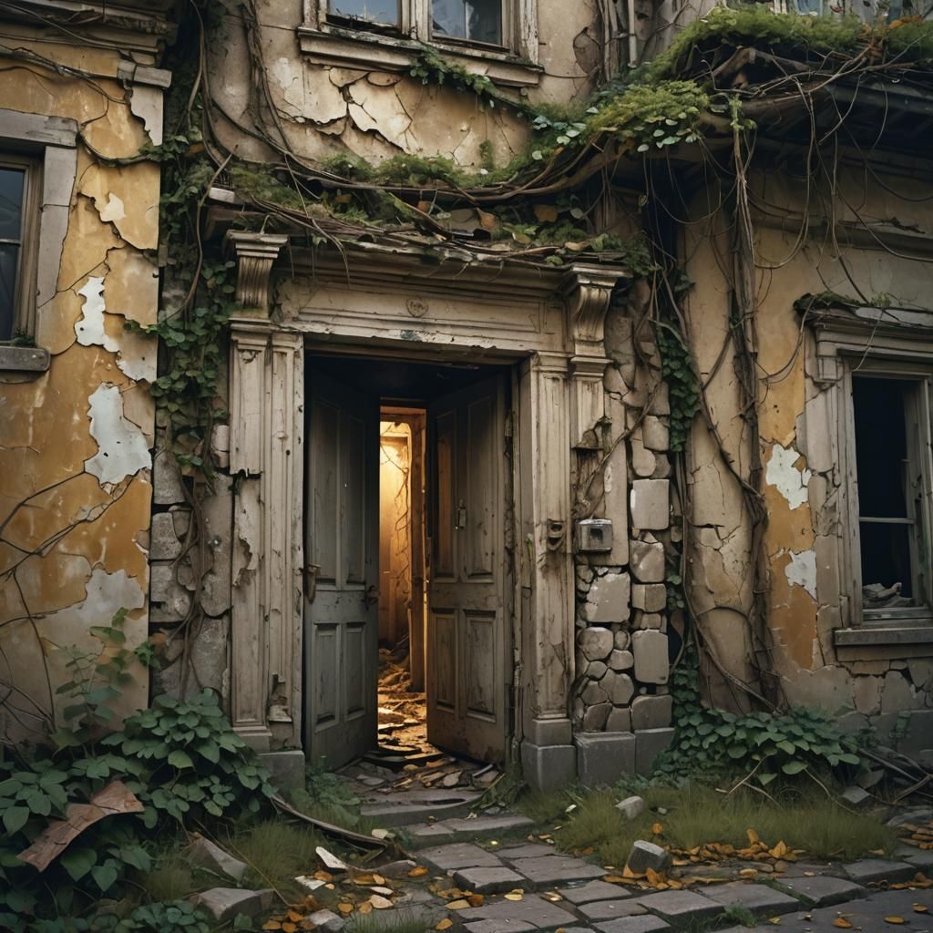 Ethereal Abandoned House Doorway in Digital Art