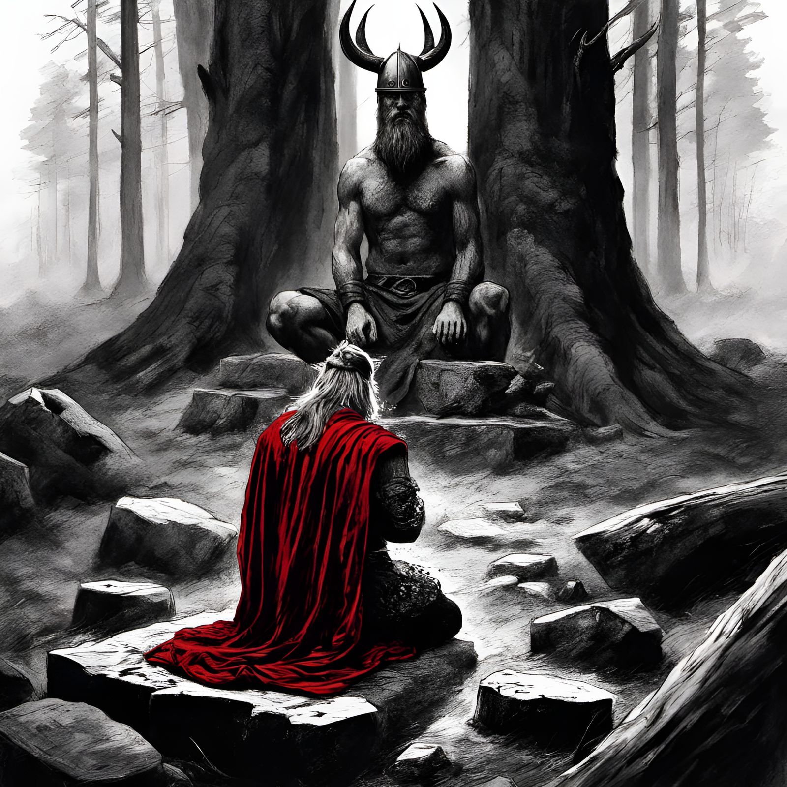 Viking Prayer at Stone Altar: Grim Charcoal Art