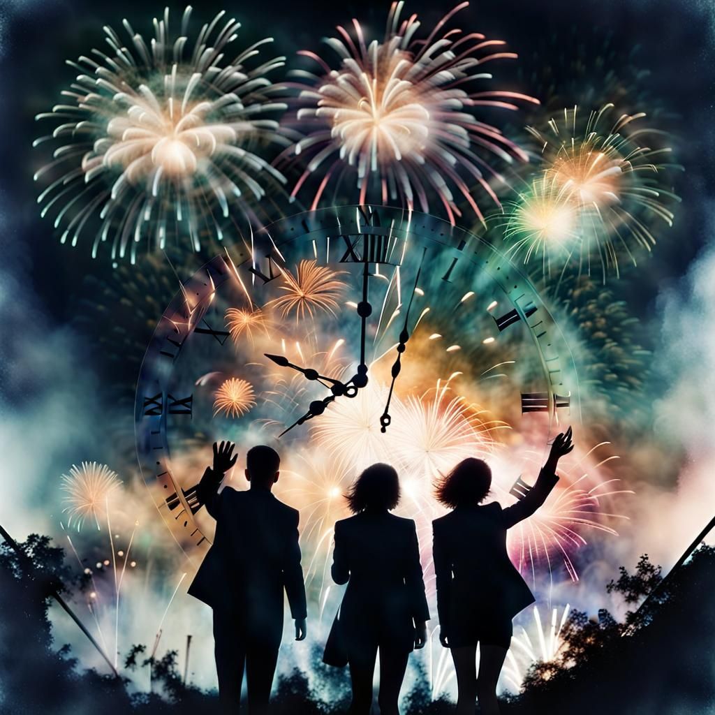 Midnight Fireworks Display with Double Exposure Clock