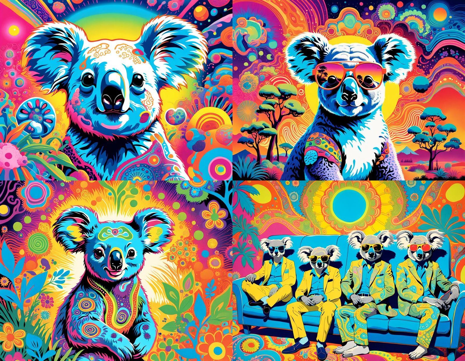 Psychedelic Koalas and Kangaroos in 1960s Day-Glow Poster St...