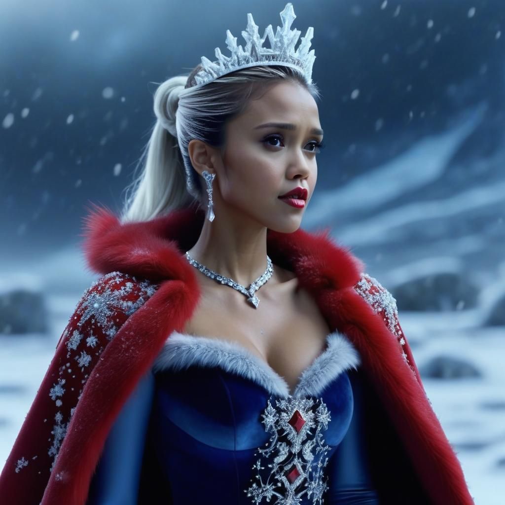 Snow Queen with Lightning Hair in Frozen Landscape