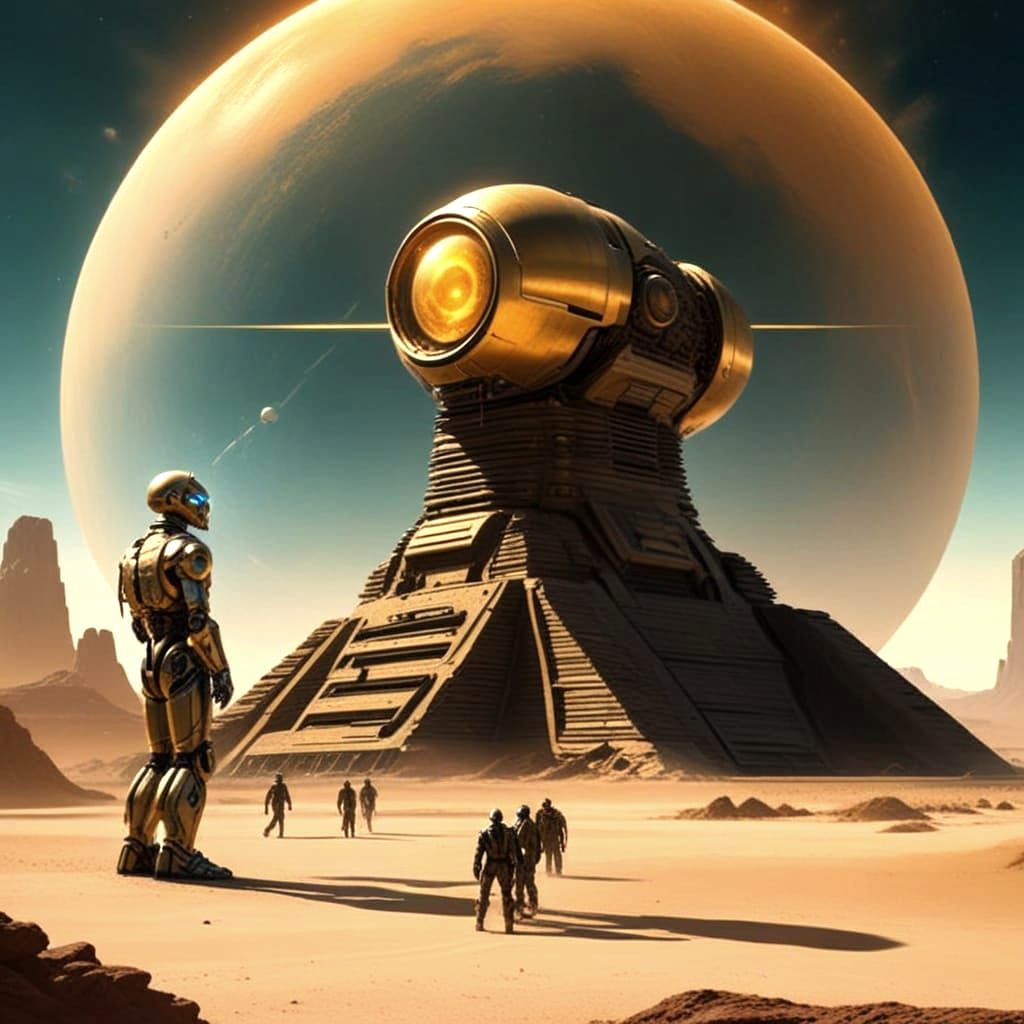 Asimov-Inspired Sci-Fi Scene: Humans, Robots, Alien Monument