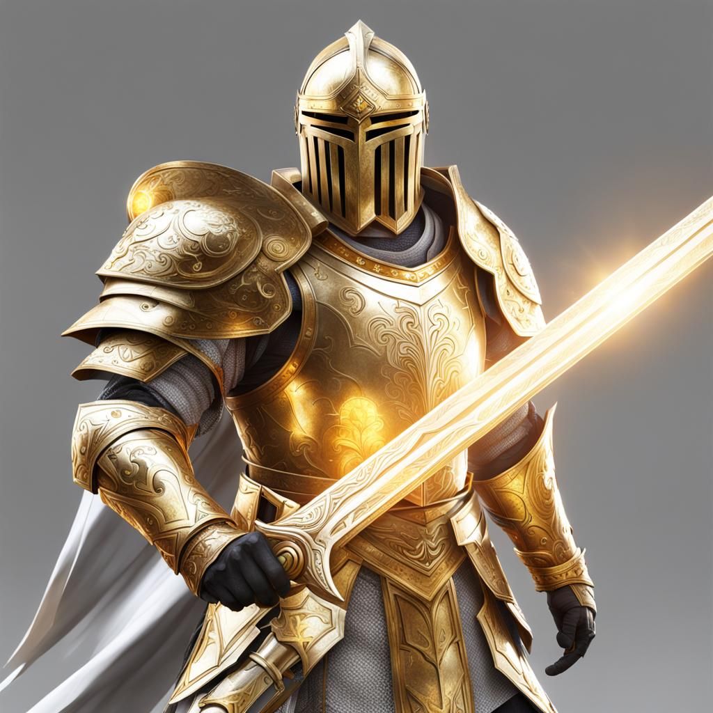 Radiant Paladin in Gold Armor with Shining Sword