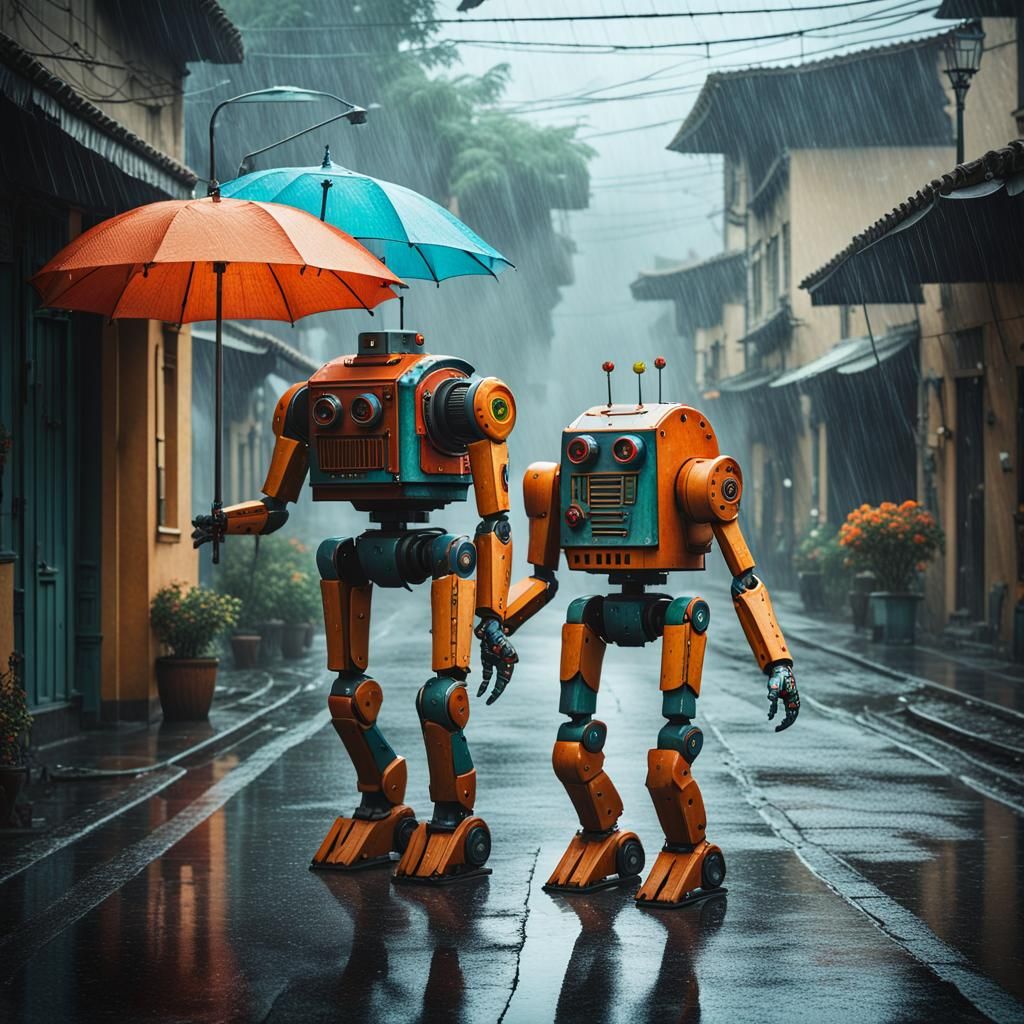 Dancing Robots with Umbrellas in Rainy Street