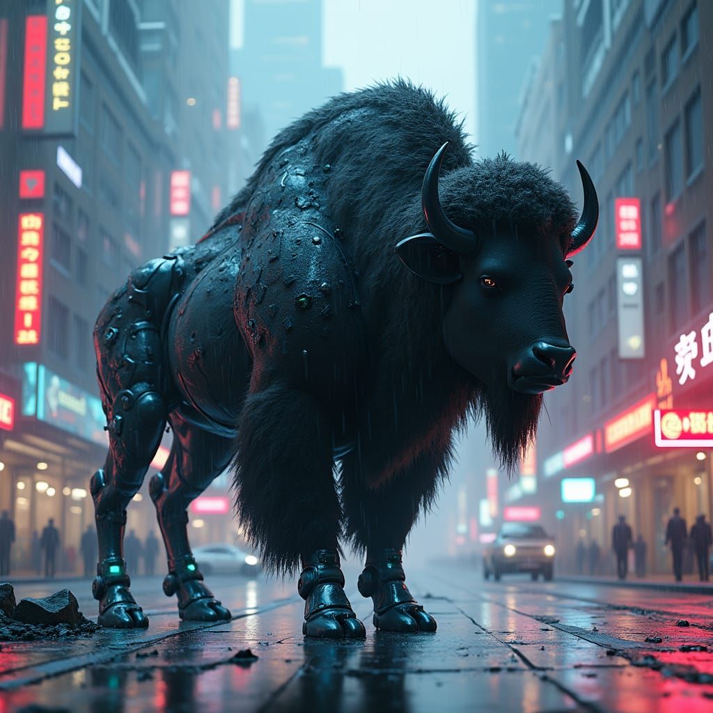 Cyber Bison Hybrid Stands Tall in Futuristic Cityscape
