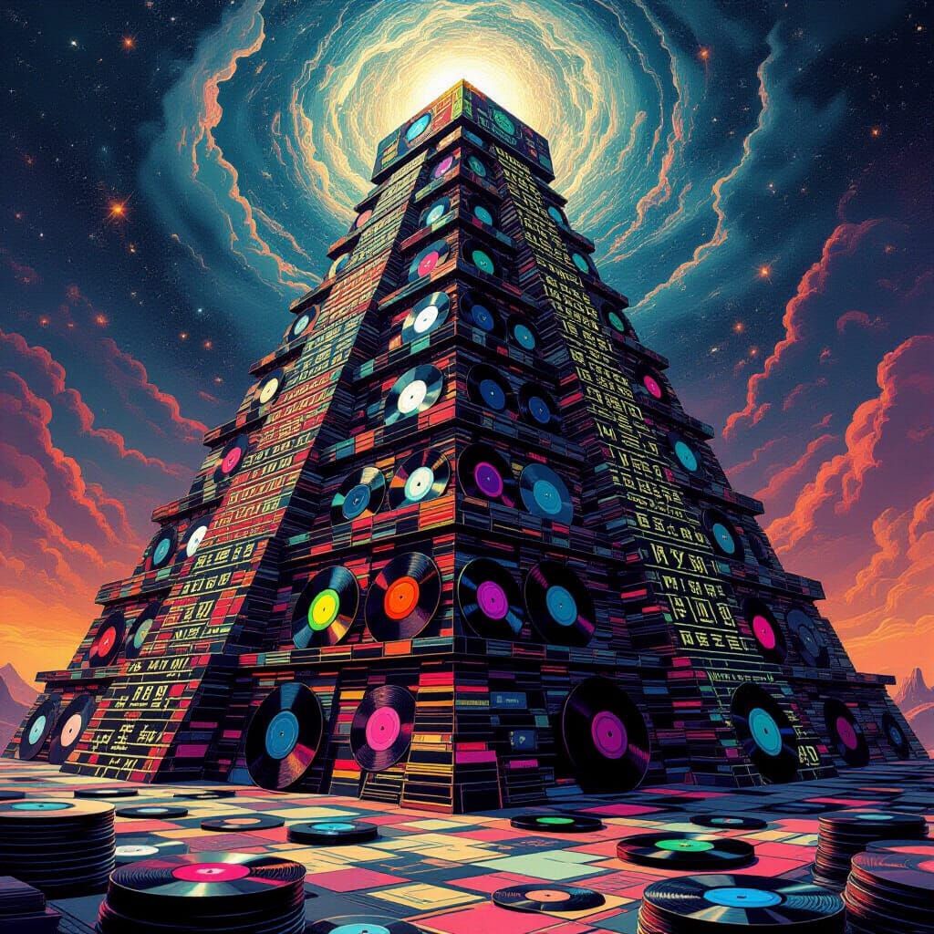 Vinyl Record Ziggurat in Cosmic Horror Style