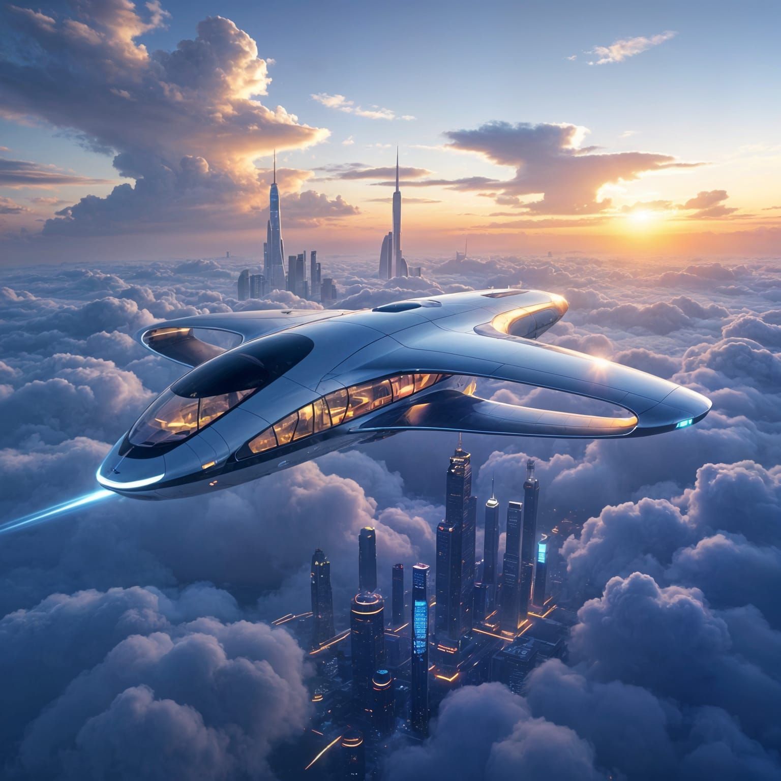 Futuristic Drone Aircraft Flies Over Advanced Cityscape