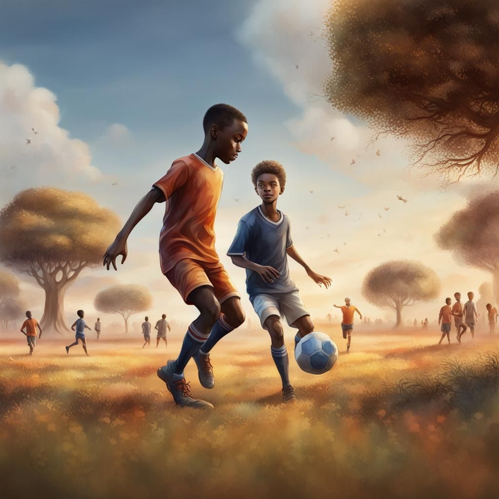 Boys Playing Soccer in Watercolor Style