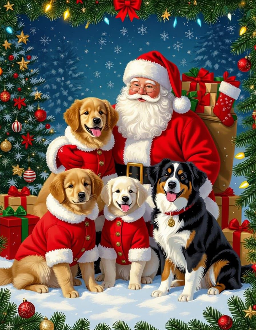 Festive Christmas Scene with Santa and Dogs